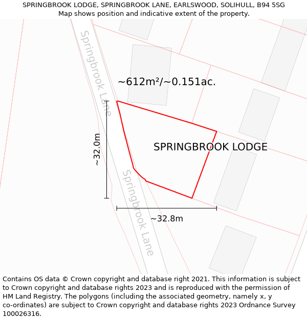 SPRINGBROOK LODGE, SPRINGBROOK LANE, EARLSWOOD, SOLIHULL, B94 5SG: Plot and title map