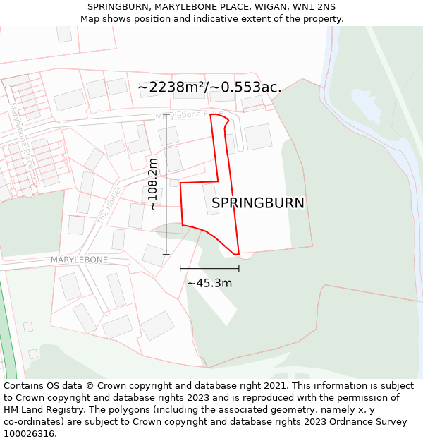 SPRINGBURN, MARYLEBONE PLACE, WIGAN, WN1 2NS: Plot and title map