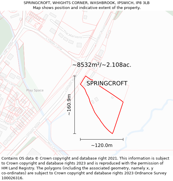 SPRINGCROFT, WHIGHTS CORNER, WASHBROOK, IPSWICH, IP8 3LB: Plot and title map