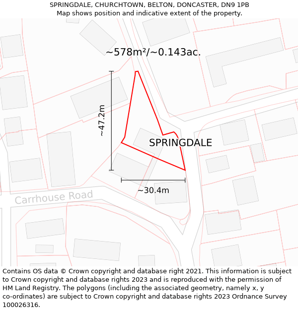 SPRINGDALE, CHURCHTOWN, BELTON, DONCASTER, DN9 1PB: Plot and title map