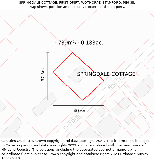 SPRINGDALE COTTAGE, FIRST DRIFT, WOTHORPE, STAMFORD, PE9 3JL: Plot and title map