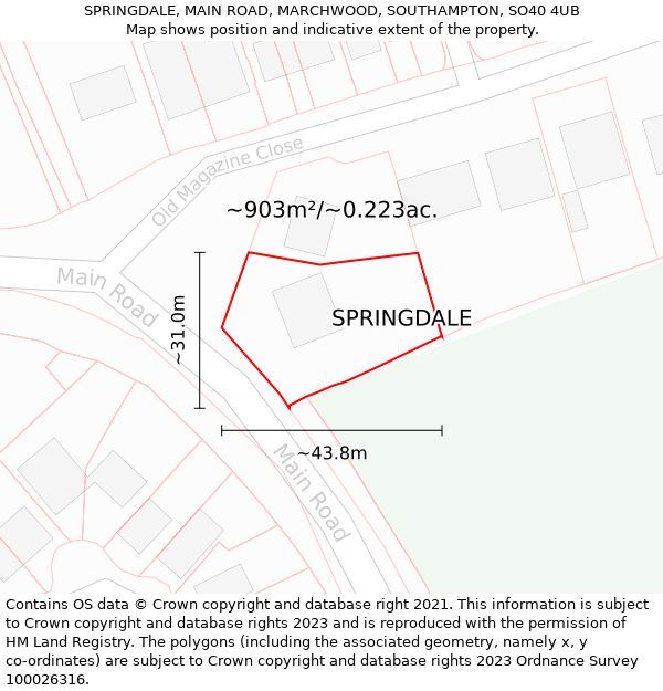 SPRINGDALE, MAIN ROAD, MARCHWOOD, SOUTHAMPTON, SO40 4UB: Plot and title map