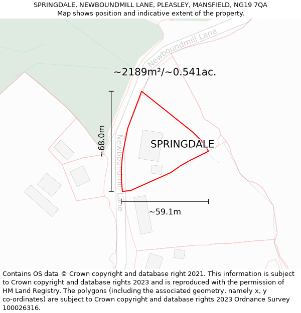 SPRINGDALE, NEWBOUNDMILL LANE, PLEASLEY, MANSFIELD, NG19 7QA: Plot and title map