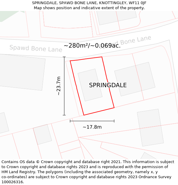 SPRINGDALE, SPAWD BONE LANE, KNOTTINGLEY, WF11 0JF: Plot and title map