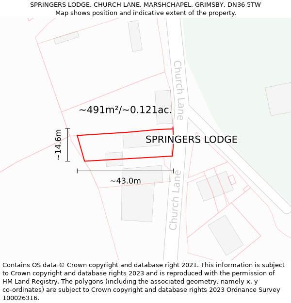 SPRINGERS LODGE, CHURCH LANE, MARSHCHAPEL, GRIMSBY, DN36 5TW: Plot and title map