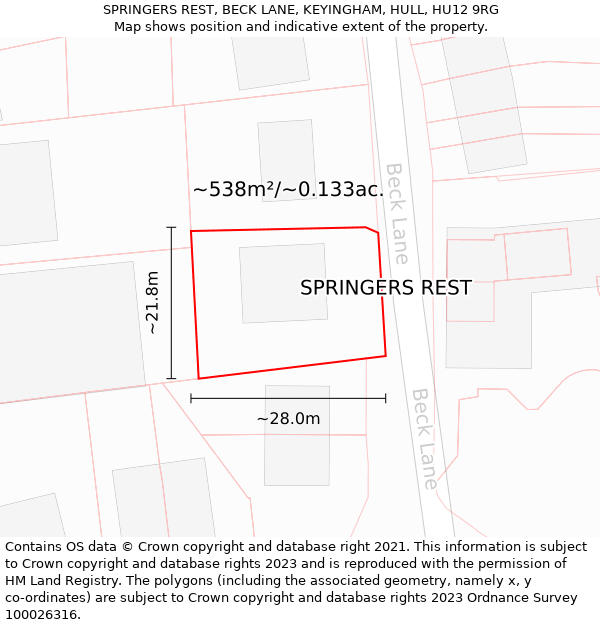 SPRINGERS REST, BECK LANE, KEYINGHAM, HULL, HU12 9RG: Plot and title map