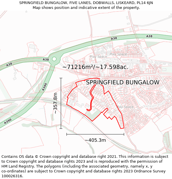 SPRINGFIELD BUNGALOW, FIVE LANES, DOBWALLS, LISKEARD, PL14 6JN: Plot and title map