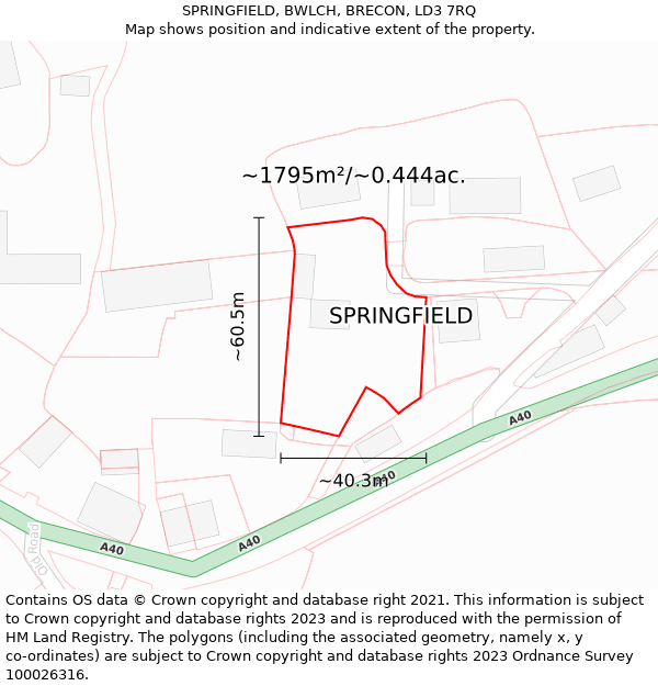 SPRINGFIELD, BWLCH, BRECON, LD3 7RQ: Plot and title map