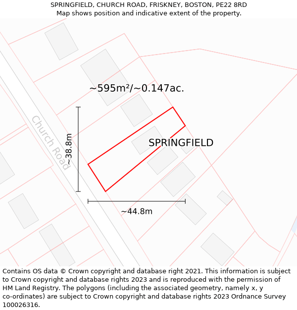 SPRINGFIELD, CHURCH ROAD, FRISKNEY, BOSTON, PE22 8RD: Plot and title map