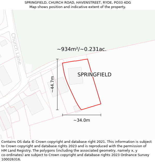 SPRINGFIELD, CHURCH ROAD, HAVENSTREET, RYDE, PO33 4DG: Plot and title map