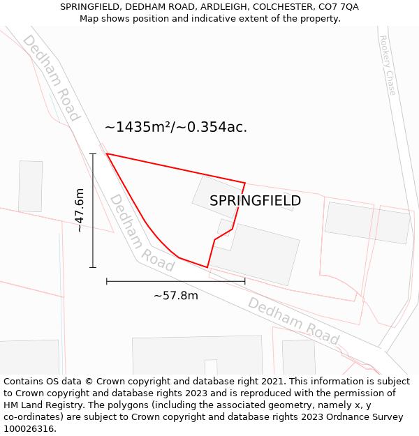 SPRINGFIELD, DEDHAM ROAD, ARDLEIGH, COLCHESTER, CO7 7QA: Plot and title map