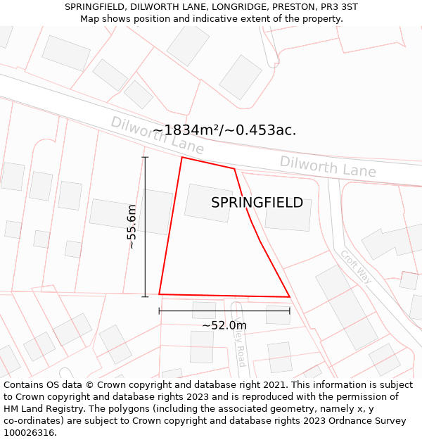 SPRINGFIELD, DILWORTH LANE, LONGRIDGE, PRESTON, PR3 3ST: Plot and title map