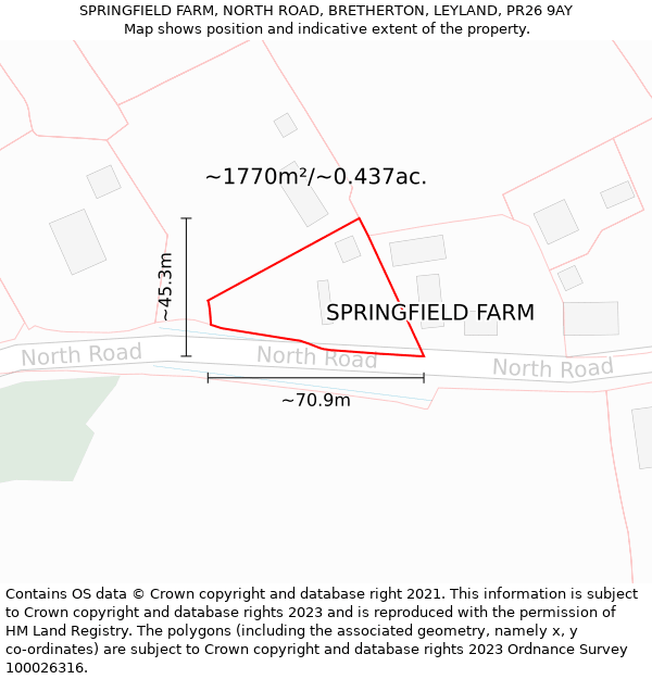 SPRINGFIELD FARM, NORTH ROAD, BRETHERTON, LEYLAND, PR26 9AY: Plot and title map