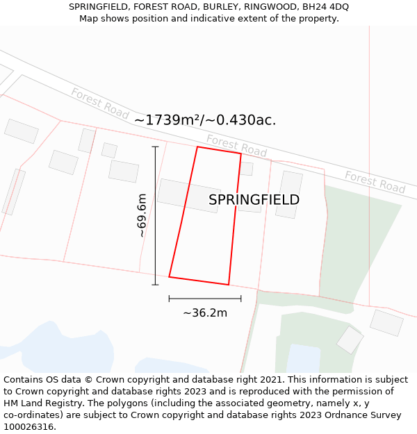 SPRINGFIELD, FOREST ROAD, BURLEY, RINGWOOD, BH24 4DQ: Plot and title map