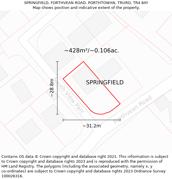 SPRINGFIELD, FORTHVEAN ROAD, PORTHTOWAN, TRURO, TR4 8AY: Plot and title map