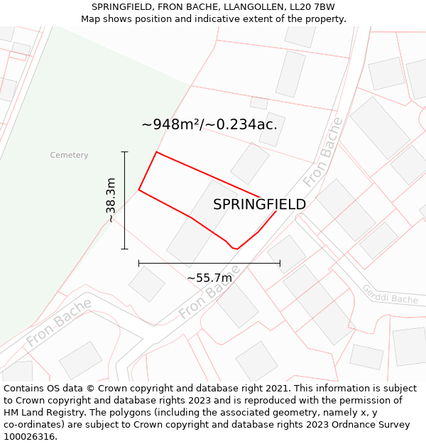SPRINGFIELD, FRON BACHE, LLANGOLLEN, LL20 7BW: Plot and title map