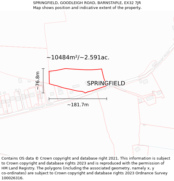 SPRINGFIELD, GOODLEIGH ROAD, BARNSTAPLE, EX32 7JR: Plot and title map