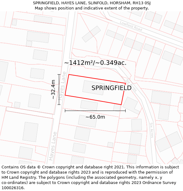 SPRINGFIELD, HAYES LANE, SLINFOLD, HORSHAM, RH13 0SJ: Plot and title map