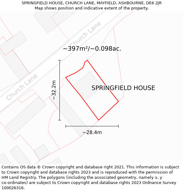 SPRINGFIELD HOUSE, CHURCH LANE, MAYFIELD, ASHBOURNE, DE6 2JR: Plot and title map