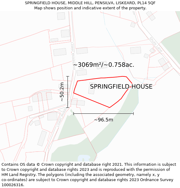 SPRINGFIELD HOUSE, MIDDLE HILL, PENSILVA, LISKEARD, PL14 5QF: Plot and title map