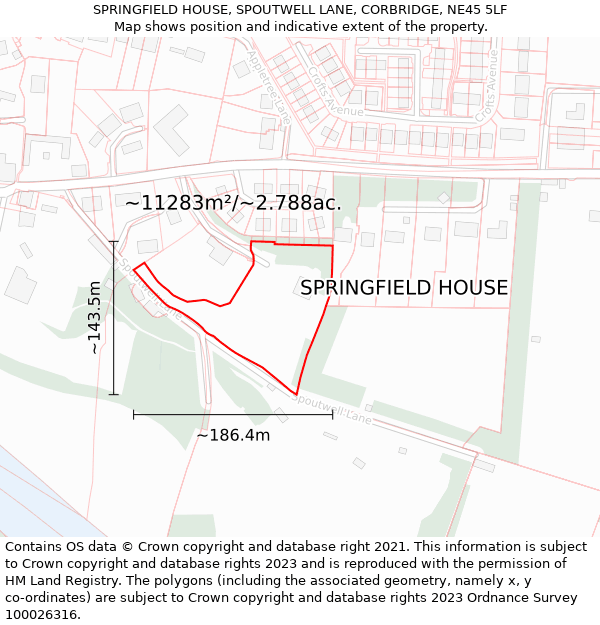 SPRINGFIELD HOUSE, SPOUTWELL LANE, CORBRIDGE, NE45 5LF: Plot and title map