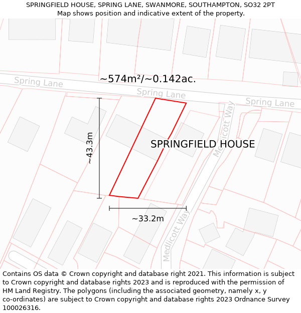 SPRINGFIELD HOUSE, SPRING LANE, SWANMORE, SOUTHAMPTON, SO32 2PT: Plot and title map