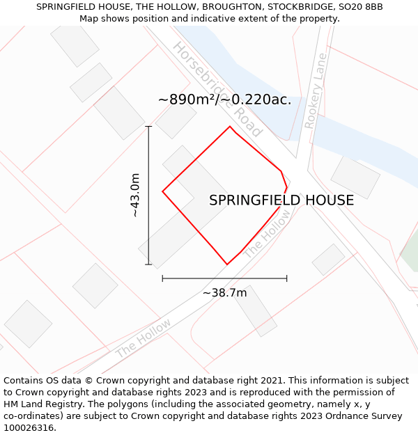 SPRINGFIELD HOUSE, THE HOLLOW, BROUGHTON, STOCKBRIDGE, SO20 8BB: Plot and title map