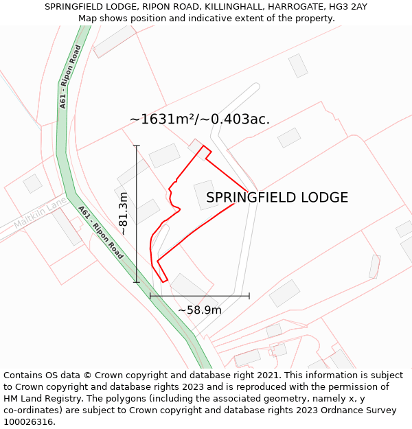 SPRINGFIELD LODGE, RIPON ROAD, KILLINGHALL, HARROGATE, HG3 2AY: Plot and title map