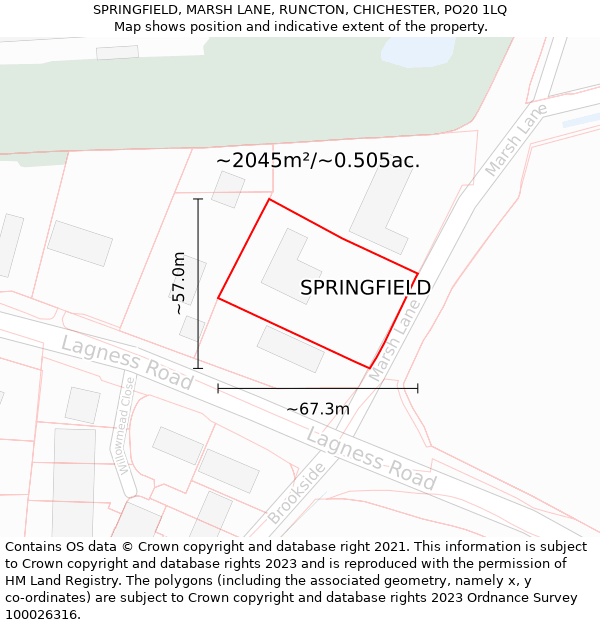 SPRINGFIELD, MARSH LANE, RUNCTON, CHICHESTER, PO20 1LQ: Plot and title map