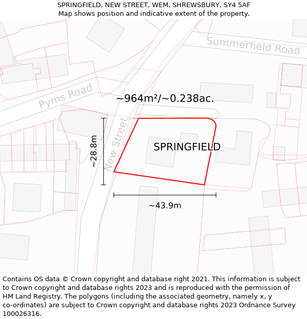 SPRINGFIELD, NEW STREET, WEM, SHREWSBURY, SY4 5AF: Plot and title map
