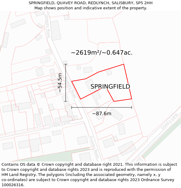 SPRINGFIELD, QUAVEY ROAD, REDLYNCH, SALISBURY, SP5 2HH: Plot and title map