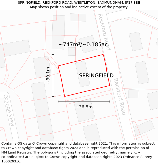 SPRINGFIELD, RECKFORD ROAD, WESTLETON, SAXMUNDHAM, IP17 3BE: Plot and title map