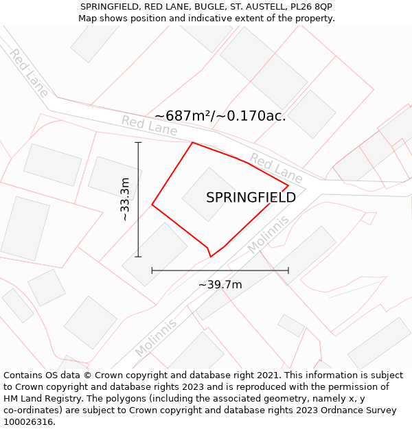 SPRINGFIELD, RED LANE, BUGLE, ST. AUSTELL, PL26 8QP: Plot and title map