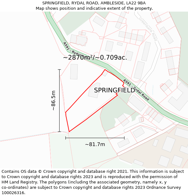 SPRINGFIELD, RYDAL ROAD, AMBLESIDE, LA22 9BA: Plot and title map