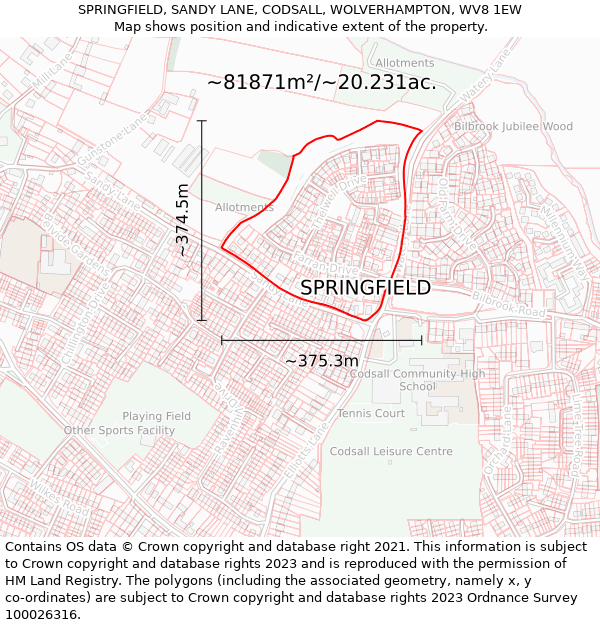 SPRINGFIELD, SANDY LANE, CODSALL, WOLVERHAMPTON, WV8 1EW: Plot and title map