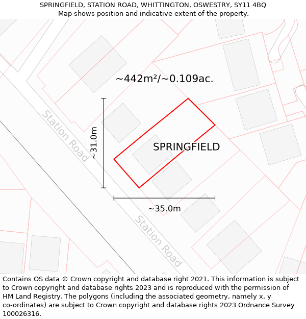 SPRINGFIELD, STATION ROAD, WHITTINGTON, OSWESTRY, SY11 4BQ: Plot and title map