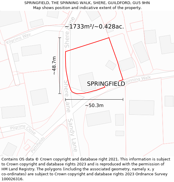 SPRINGFIELD, THE SPINNING WALK, SHERE, GUILDFORD, GU5 9HN: Plot and title map