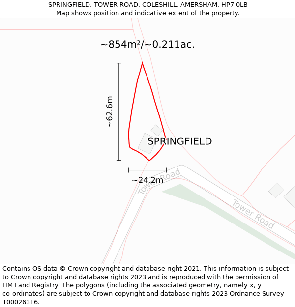 SPRINGFIELD, TOWER ROAD, COLESHILL, AMERSHAM, HP7 0LB: Plot and title map