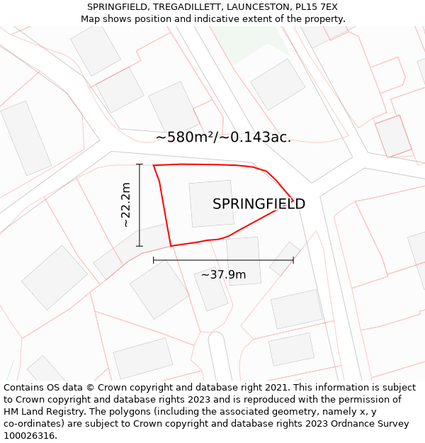 SPRINGFIELD, TREGADILLETT, LAUNCESTON, PL15 7EX: Plot and title map
