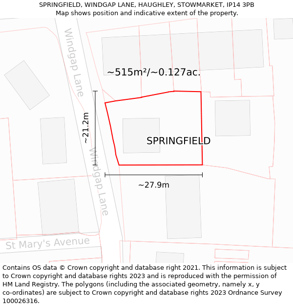 SPRINGFIELD, WINDGAP LANE, HAUGHLEY, STOWMARKET, IP14 3PB: Plot and title map