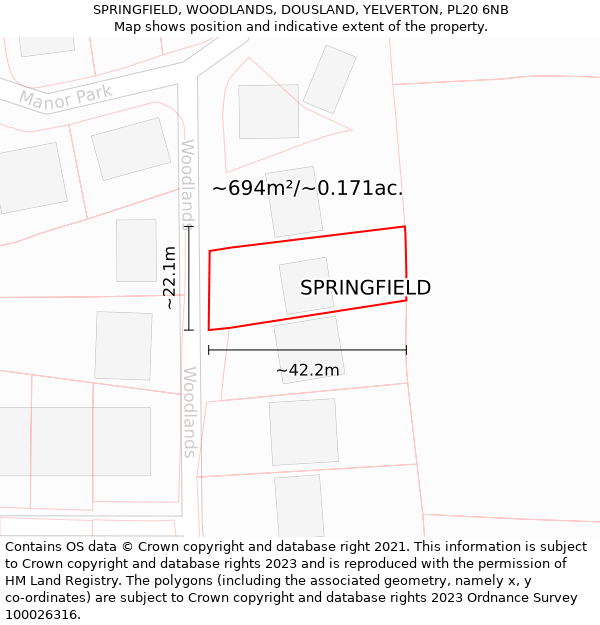 SPRINGFIELD, WOODLANDS, DOUSLAND, YELVERTON, PL20 6NB: Plot and title map