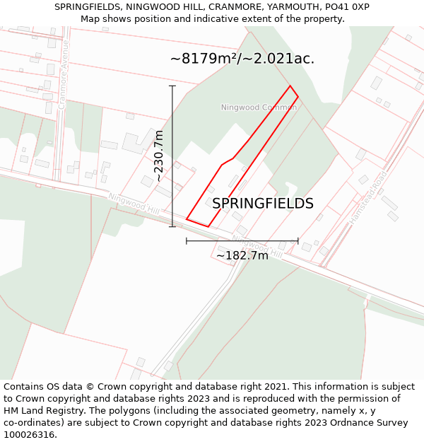SPRINGFIELDS, NINGWOOD HILL, CRANMORE, YARMOUTH, PO41 0XP: Plot and title map