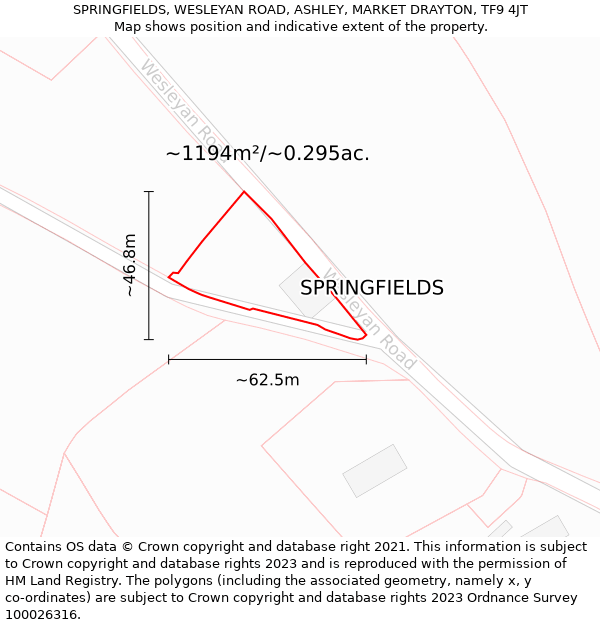 SPRINGFIELDS, WESLEYAN ROAD, ASHLEY, MARKET DRAYTON, TF9 4JT: Plot and title map