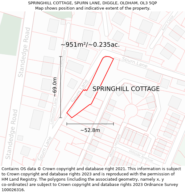 SPRINGHILL COTTAGE, SPURN LANE, DIGGLE, OLDHAM, OL3 5QP: Plot and title map