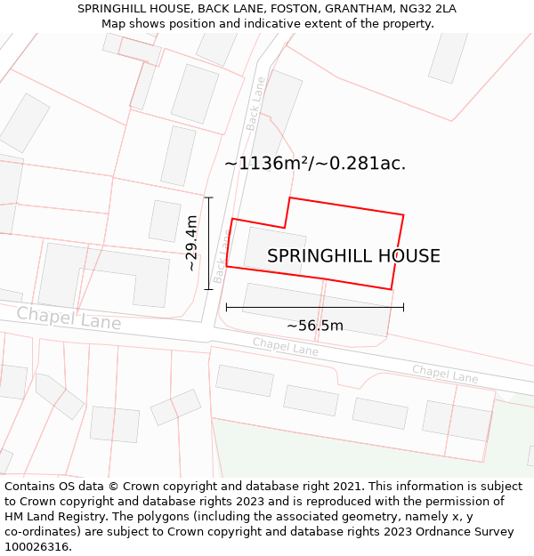 SPRINGHILL HOUSE, BACK LANE, FOSTON, GRANTHAM, NG32 2LA: Plot and title map