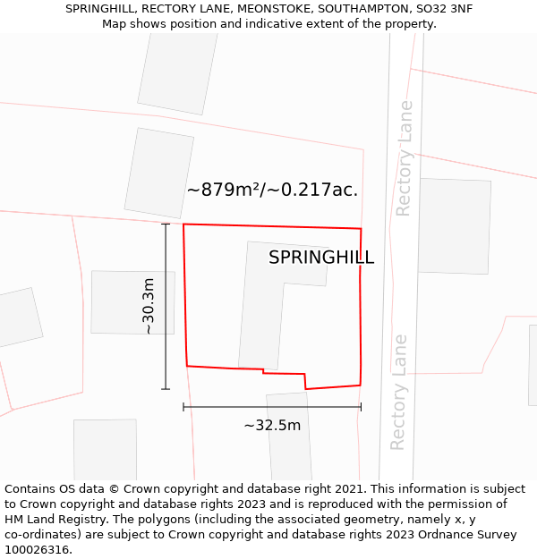 SPRINGHILL, RECTORY LANE, MEONSTOKE, SOUTHAMPTON, SO32 3NF: Plot and title map