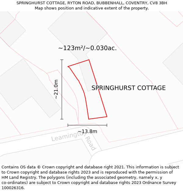 SPRINGHURST COTTAGE, RYTON ROAD, BUBBENHALL, COVENTRY, CV8 3BH: Plot and title map