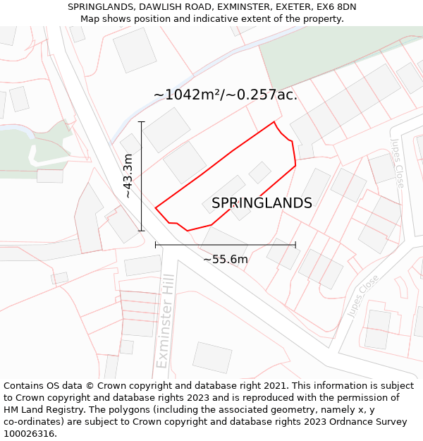 SPRINGLANDS, DAWLISH ROAD, EXMINSTER, EXETER, EX6 8DN: Plot and title map