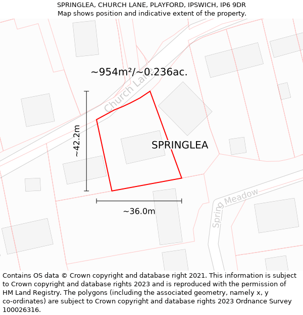 SPRINGLEA, CHURCH LANE, PLAYFORD, IPSWICH, IP6 9DR: Plot and title map