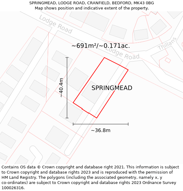 SPRINGMEAD, LODGE ROAD, CRANFIELD, BEDFORD, MK43 0BG: Plot and title map